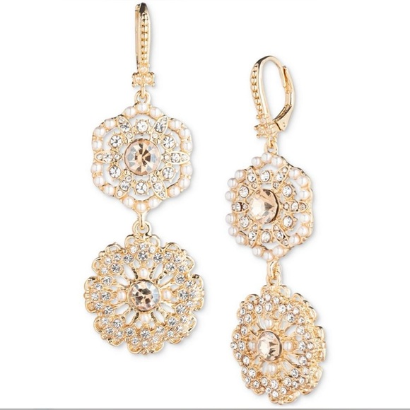 Marchesa Jewelry - Marchesa Gold-Tone Crystal & Imitation Pearl Flower Double Drop Earrings